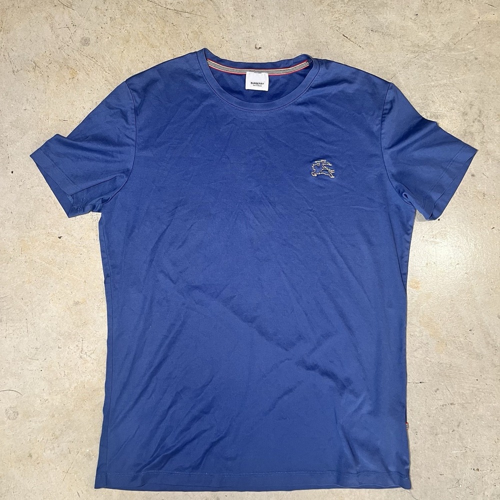 Burberry Embroidered Detail Short Sleeve T-Shirt Blue XL Mens Crew Neck Cotton